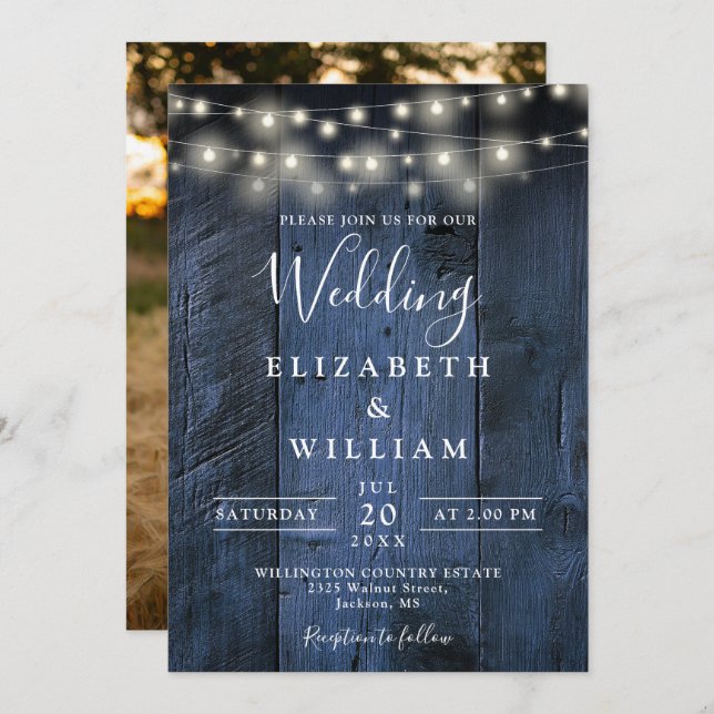Blue Rustic Barn Wood String Lights Foto Hochzeit Einladung (Vorne/Hinten)