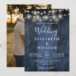 Blue Rustic Barn Wood String Lights Foto Hochzeit Einladung