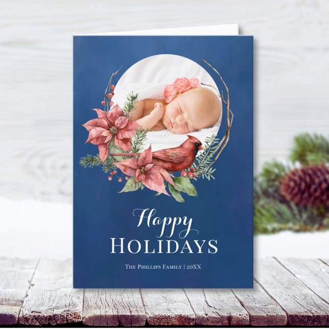 Blue Rustic Bird Wreath Weihnachten (Elegant blue photo template card "Happy Holidays" text, beautiful Poinsettia and Cardinal graphics)