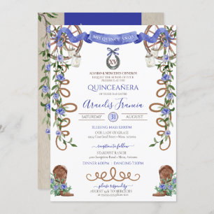 Blue Rustic Boho Western Charra Theme Quinceanera Einladung