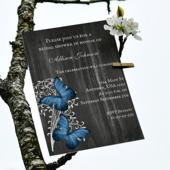 Blue Rustic Butterfly Brautparty laden Einladung (Blue Rustic Butterfly Bridal Shower Invitation)