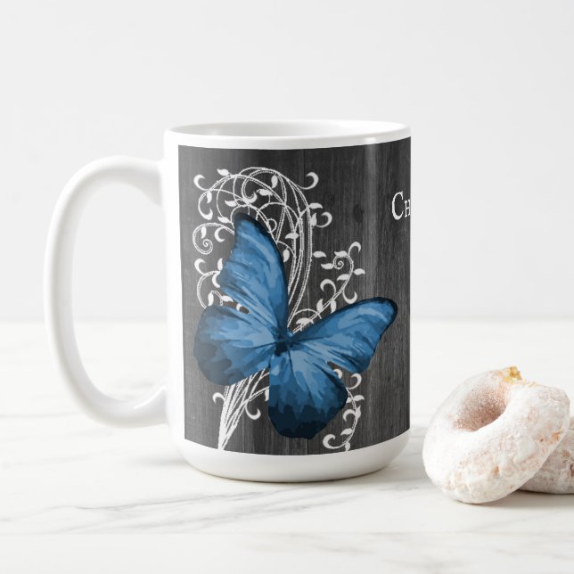 Blue Rustic Butterfly Personalisiert Coffee Tasse (Mit Donut)