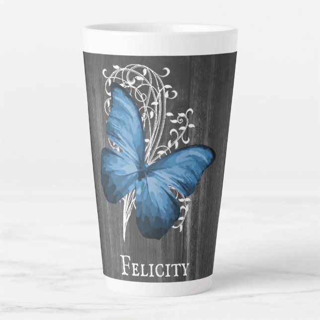 Blue Rustic Butterfly Personalisiert Latte Tasse (Vorderseite)