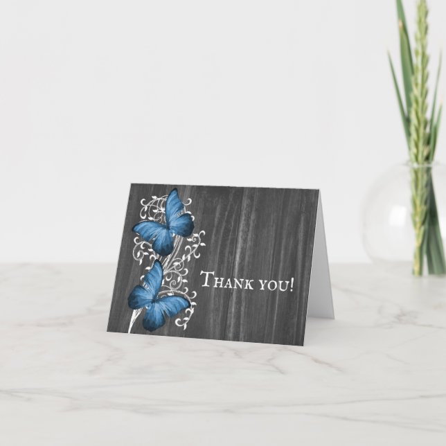 Blue Rustic Butterfly Wedding Danke Karten (Vorderseite)