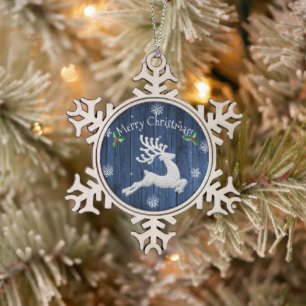 Blue Rustic Christmas Rentier Snowflake Ornament