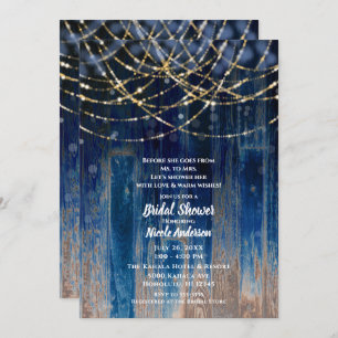 Blue Rustic Coastal Barn Wood Bokeh Brautparty Einladung