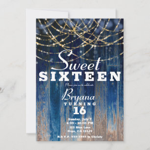 Blue Rustic Coastal Barn Wood Bokeh Sweet 16 Einladung
