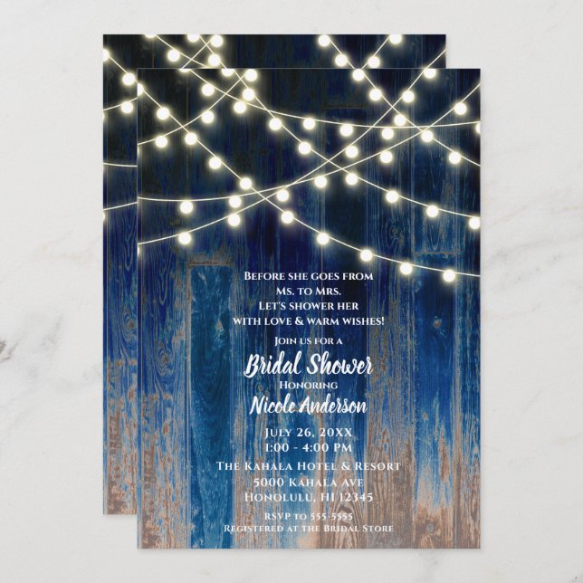 Blue Rustic Coastal Barn Wood Lights Brautparty Einladung (Vorne/Hinten)