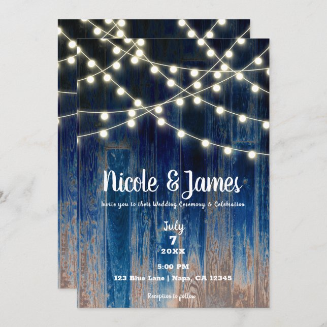 Blue Rustic Coastal Barn Wood & Lights Wedding Einladung (Vorne/Hinten)