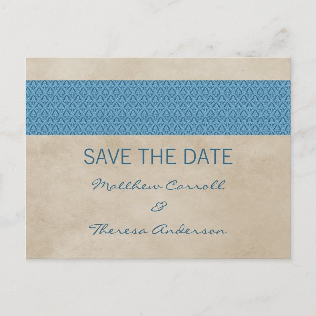 Blue Rustic Damask Save the Date Postkarte (Vorderseite)