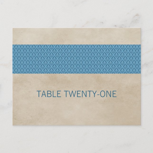 Blue Rustic Damask Tischnummer Postkarte (Vorderseite)