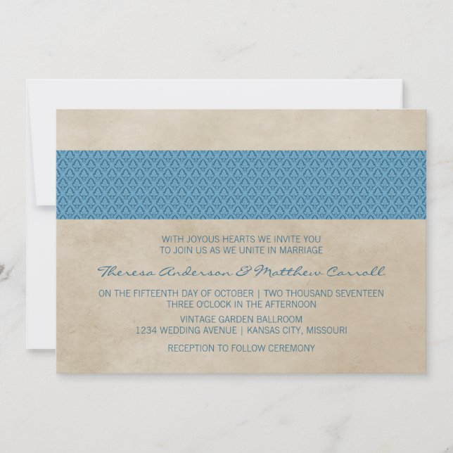 Blue Rustic Damask Wedite Einladung (Vorderseite)