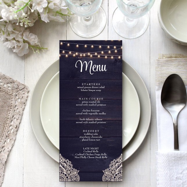 Blue Rustic Elegance Menu Card Mitternacht Menükarte (Midnight Blue Rustic Elegance Menu Card on a white wedding table.)