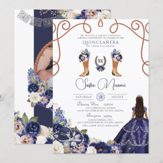 Blue Rustic Floral Charro Foto Quinceañera Einladung