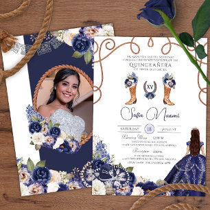 Blue Rustic Floral Charro Foto Quinceañera Einladung