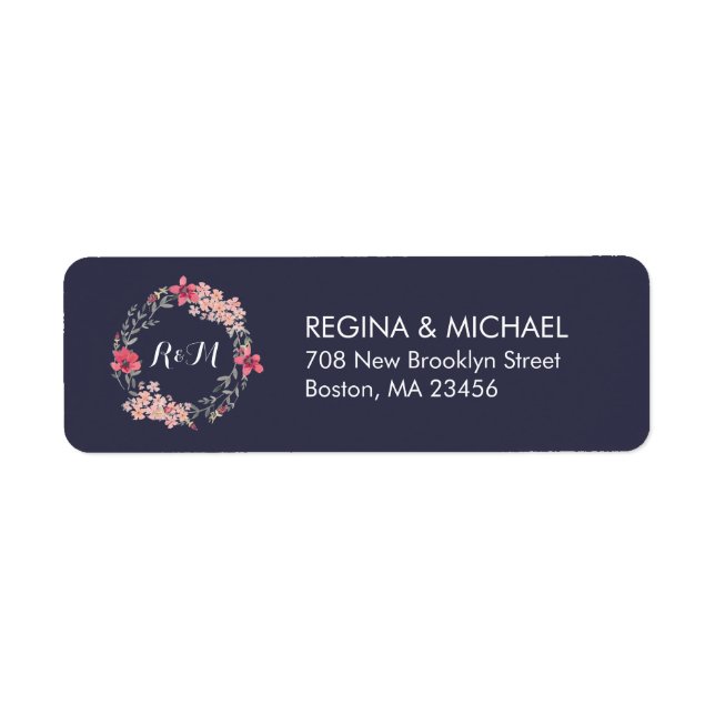 Blue Rustic Floral Wreath Monogram Address Label (Vorne)