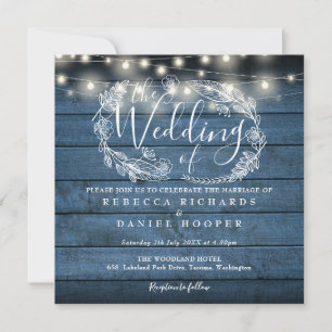 Blue Rustic Holz String Light Square Foto Hochzeit Einladung