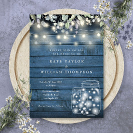 Blue Rustic Holz String Lights Mason Jar Wedding Einladung