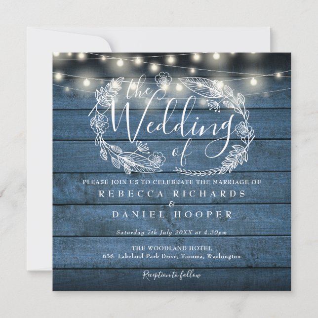 Blue Rustic Holz String Lights Square Hochzeit Einladung (Vorderseite)