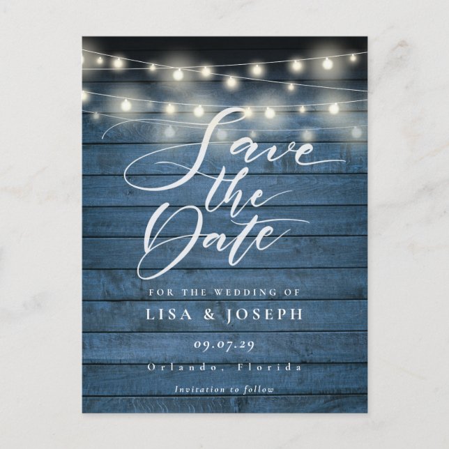 Blue Rustic Lights Foto QR Code Save the Date Postkarte (Vorderseite)