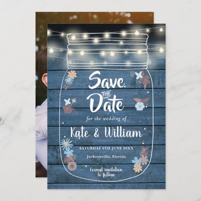 Blue Rustic Mason Jar String Lights Floral Foto Save The Date (Vorne/Hinten)
