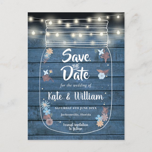 Blue Rustic Mason Jar String Lights Save the Date Ankündigungspostkarte (Vorderseite)