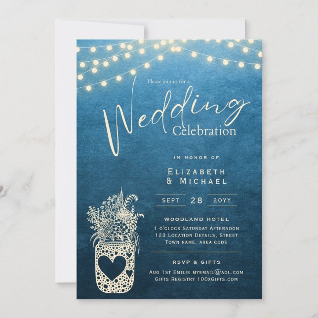 Blue Rustic Mason Jar Wedding DIGITAL Print Einladung (Vorderseite)