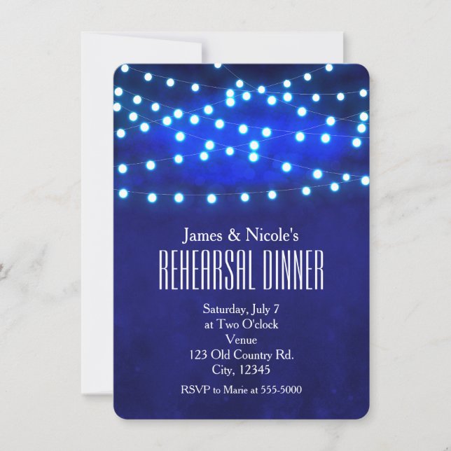 Blue Rustic Night String Lights Probe Dinner Einladung (Vorderseite)