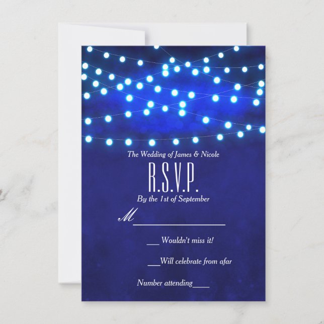 Blue Rustic Night String Lights Wedding RSVP Karte (Vorderseite)