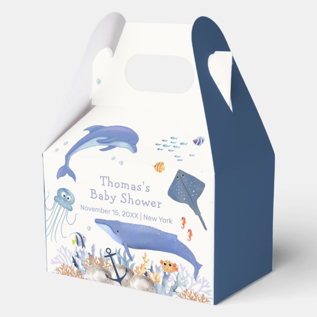Blue Rustic Ocean Dolphin Whale Boy Baby Dusche Geschenkschachtel (Vorderseite)