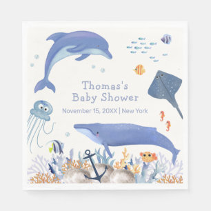 Blue Rustic Ocean Dolphin Whale Boy Baby Dusche Serviette