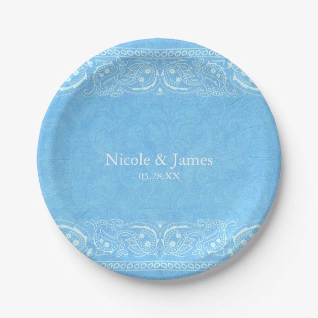 Blue Rustic Paisley Country Western Wedding Pappteller (Vorderseite)