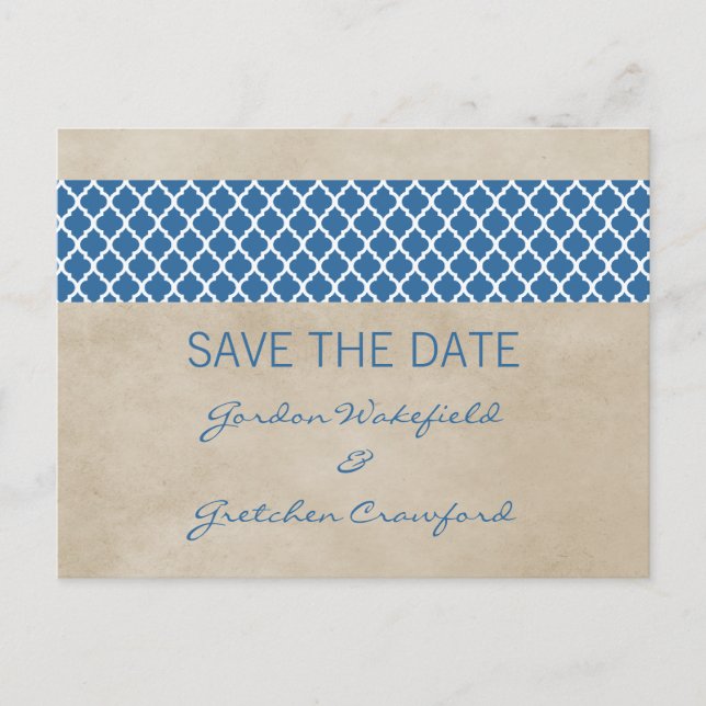 Blue Rustic Quatrefolie Save the Date Postkarte (Vorderseite)