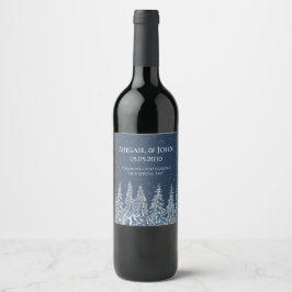 Blue Rustic Snowy Night Forest Wedding Wine Label Weinetikett