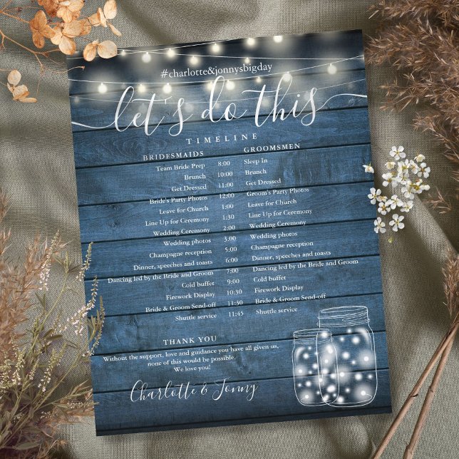 Blue Rustic String Lights Hochzeitskalender (Blue Rustic String Lights Wedding Program Timeline)