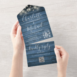Blue Rustic String Lights Mason Jars QR Wedding Al All In One Einladung