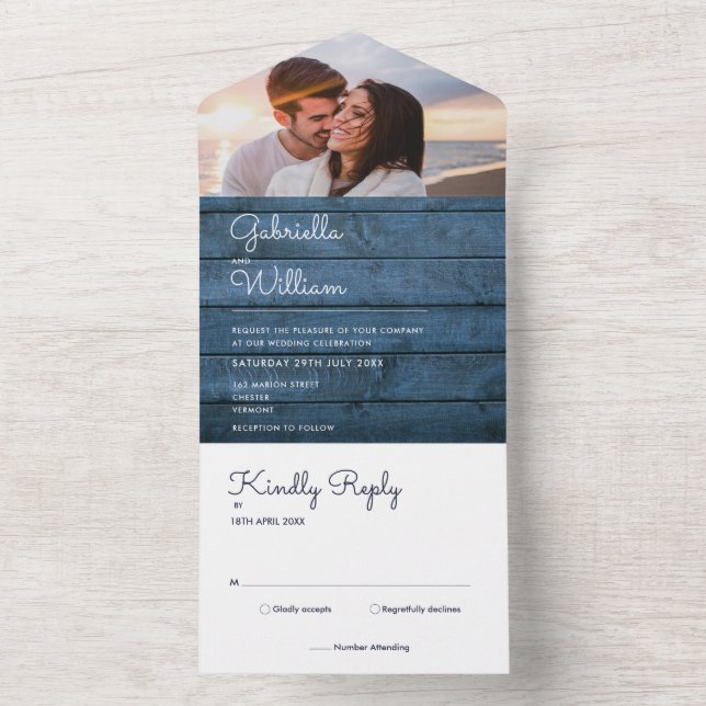 Blue Rustic String Lights Monogram Foto Wedding All In One Einladung (Innen Boden)