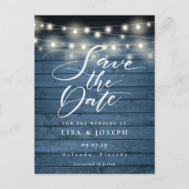 Blue Rustic String Lights QR Code Save the Date Postkarte