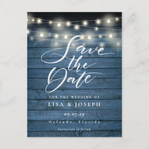 Blue Rustic String Lights QR Code Save the Date Postkarte