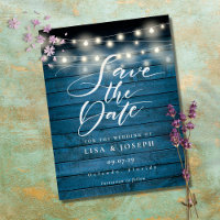 Blue Rustic String Lights Save the Date Foto Post