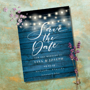 Blue Rustic String Lights Save the Date Foto Post Postkarte