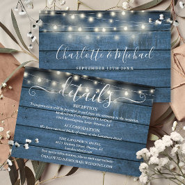 Blue Rustic String Lights Script Hochzeitsdetails Begleitkarte