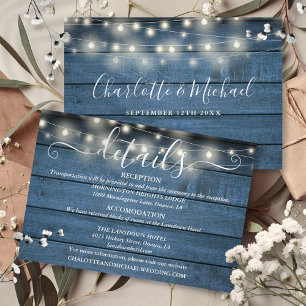 Blue Rustic String Lights Script Hochzeitsdetails Begleitkarte