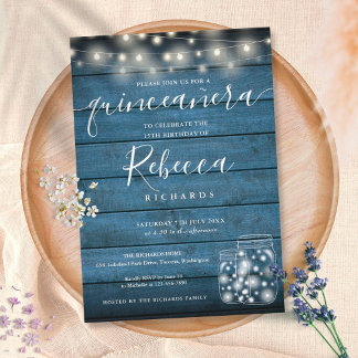 Blue Rustic String Lights Script Quinceañera 15. Einladung
