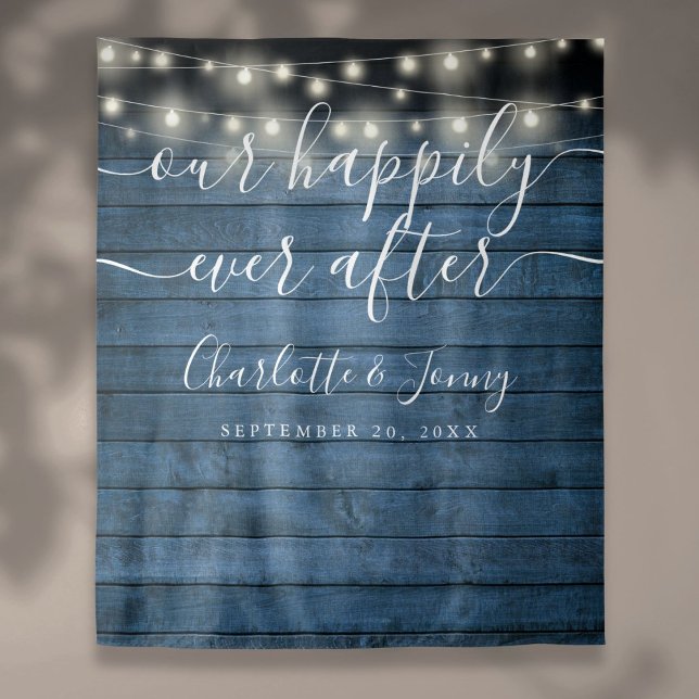 Blue Rustic String Lights Wedding Foto Backdrop Wandteppich (Blue Rustic String Lights Wedding Photo Backdrop)