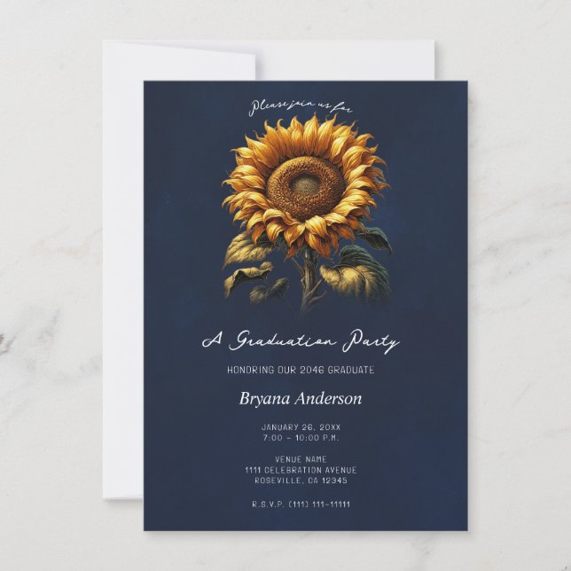 Blue Rustic Sunflower Graduation Party Einladung (Vorderseite)