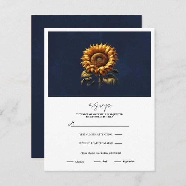Blue Rustic Sunflower Wedding RSVP Einladung (Vorne/Hinten)