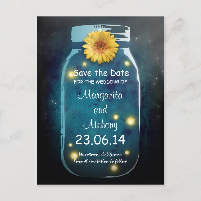 Blue Rustic Whimsical Mason Jar Save the Date Ankündigungspostkarte (Vorderseite)
