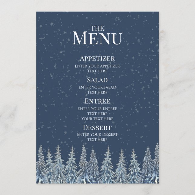 Blue Rustic Winter Forest Wedding Menu Menükarte (Vorderseite)