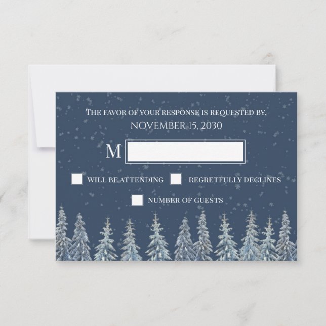 Blue Rustic Winter Forest Wedding RSVP Karte (Vorderseite)
